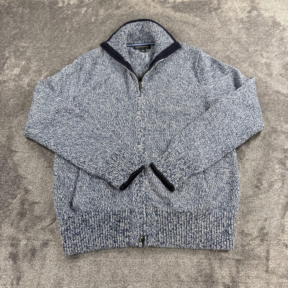 Banana Republic Mens Full Zip Cardigan Sweater Blue White Marled 100% Wool Large